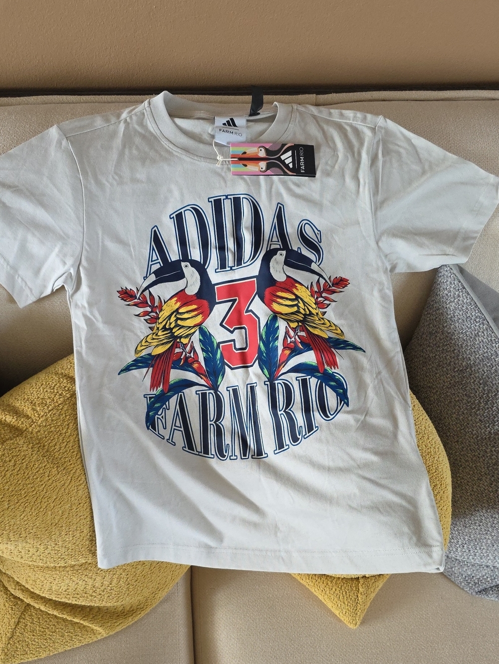 adidas Farm Rio White Short-Sleeve Tee with Colorful Parrot Graphic